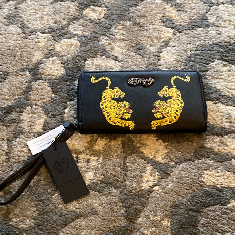 Ed Hardy Black Wristlet with Yellow Leopard Design